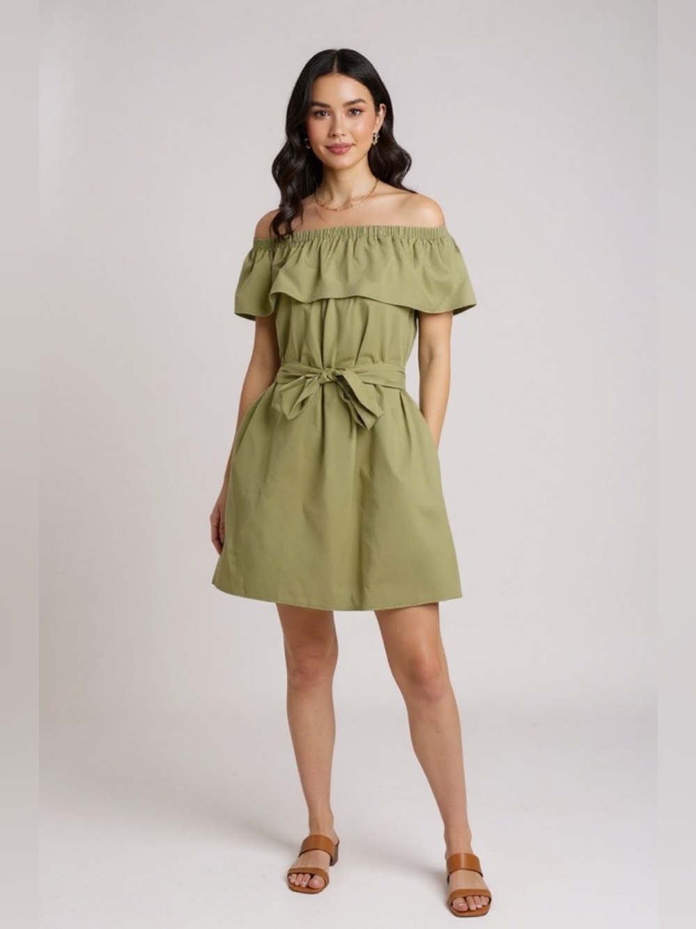 Olive Green Ruffle Off Shoulder with Self Sash Dress - Picture 3 of 8